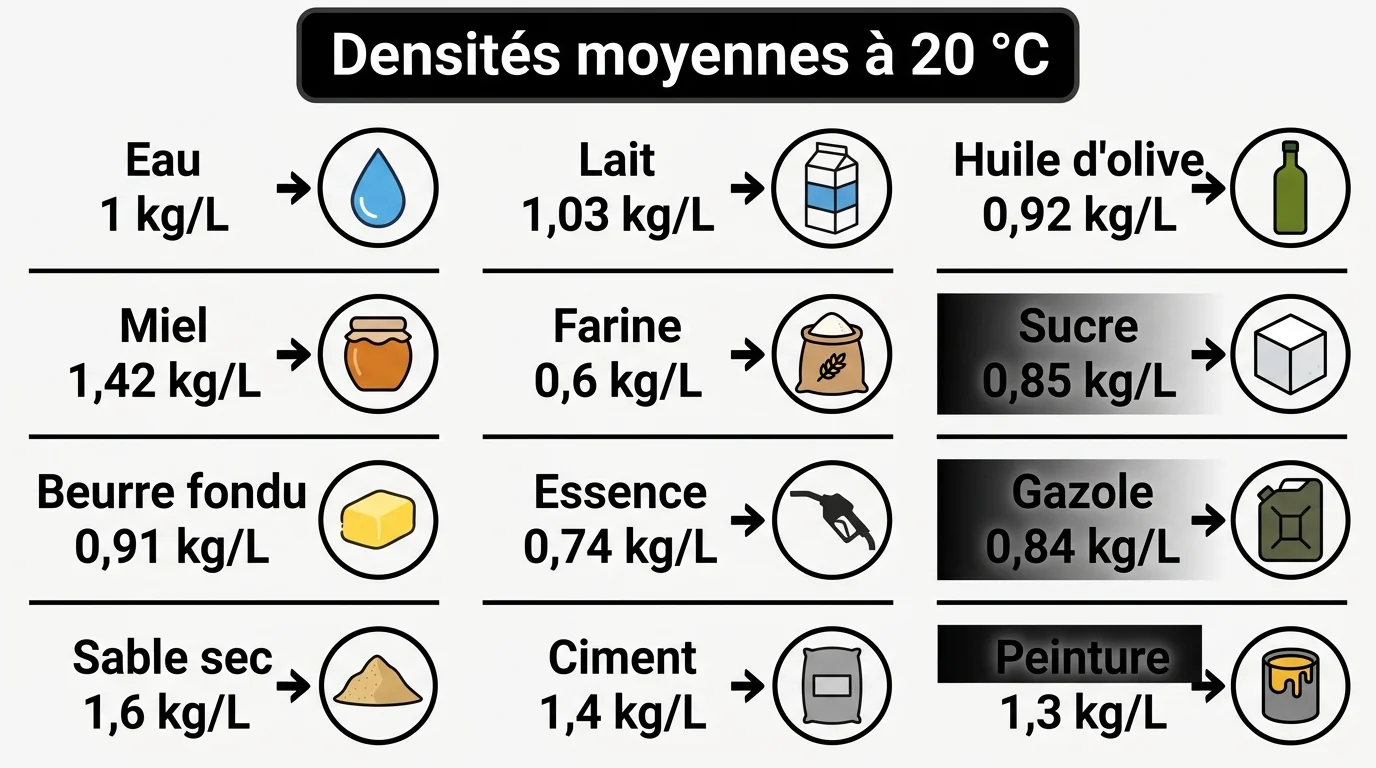 Infographie des densités moyennes des produits courants en kg/L