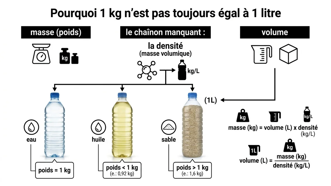 Trois récipients de 1 litre contenant de l'eau, de l'huile et du miel, montrant des poids différents sur des balances : 1kg, 0.92kg et 1.42kg.