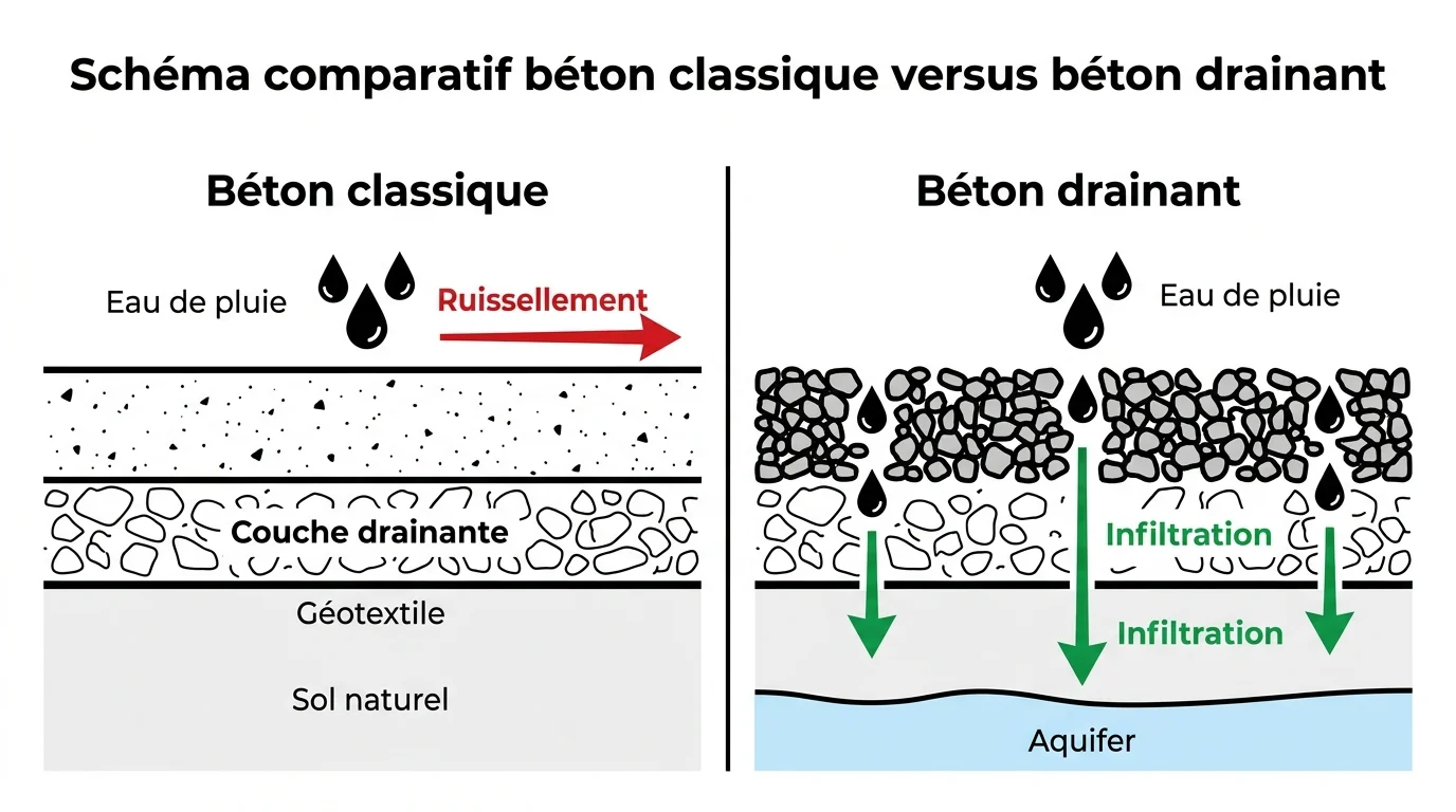 Schéma comparatif béton classique versus béton drainant