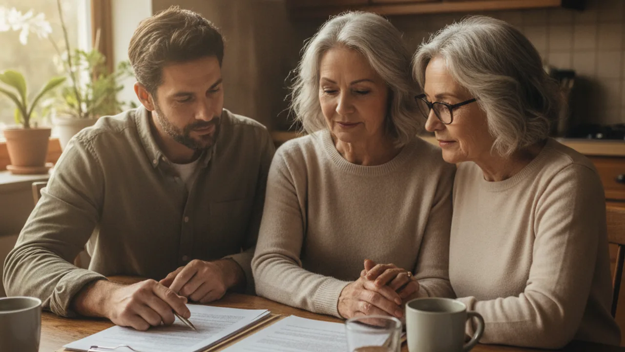 Une famille discute ensemble du financement de la maison de retraite