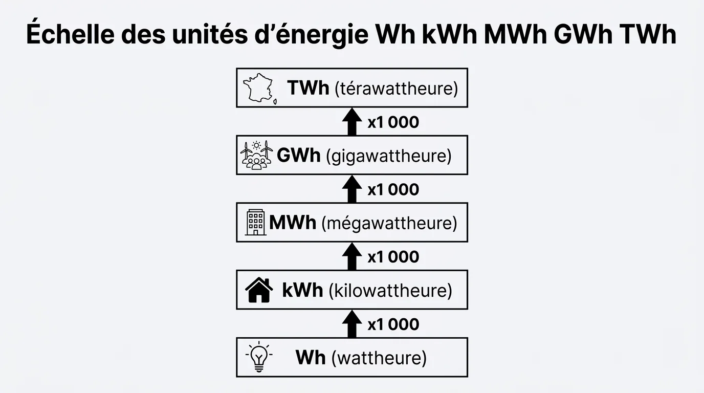 Échelle des unités d'énergie Wh kWh MWh GWh TWh