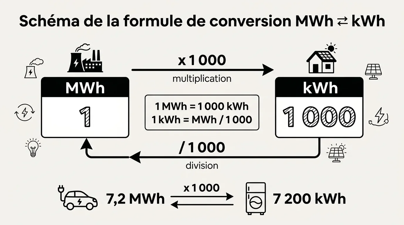 Schéma de la formule de conversion MWh kWh