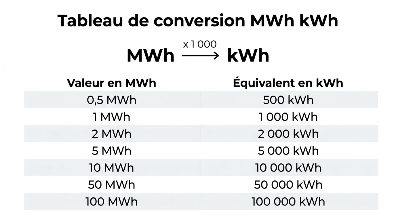 Tableau de conversion MWh kWh