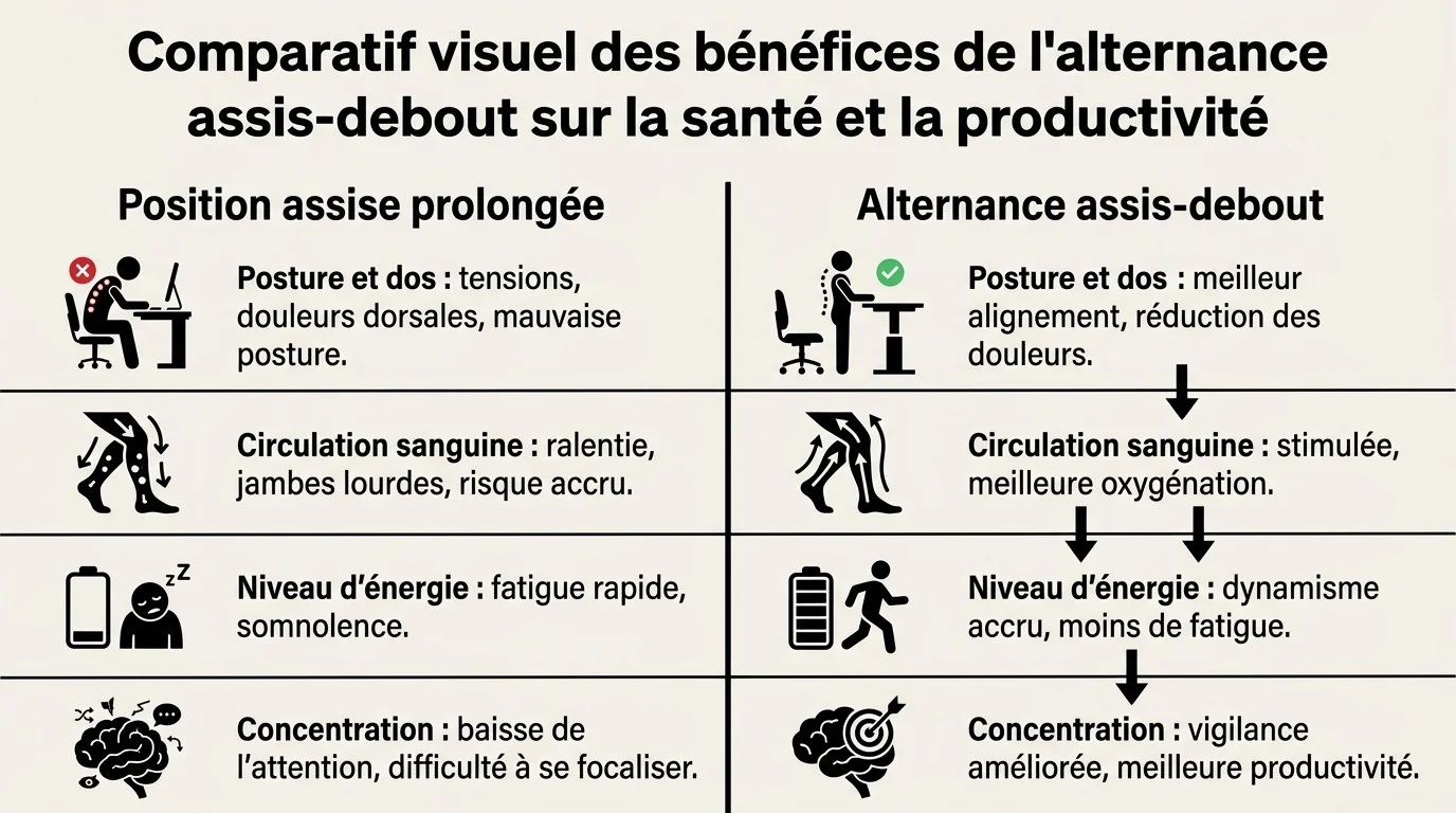 Comparatif visuel des bénéfices de l'alternance assis-debout sur la santé et la productivité