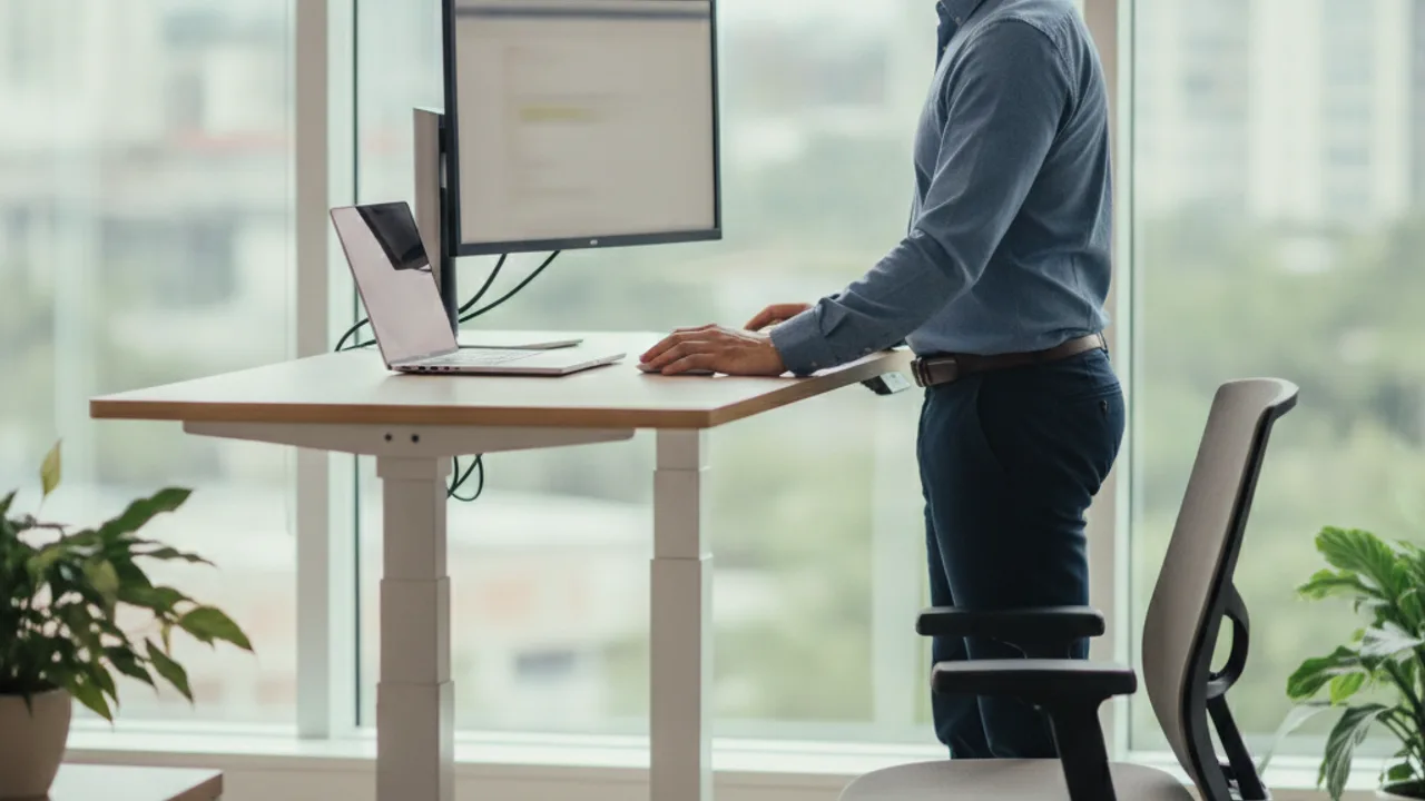 Un professionnel travaillant debout à un bureau assis-debout motorisé dans un bureau lumineux